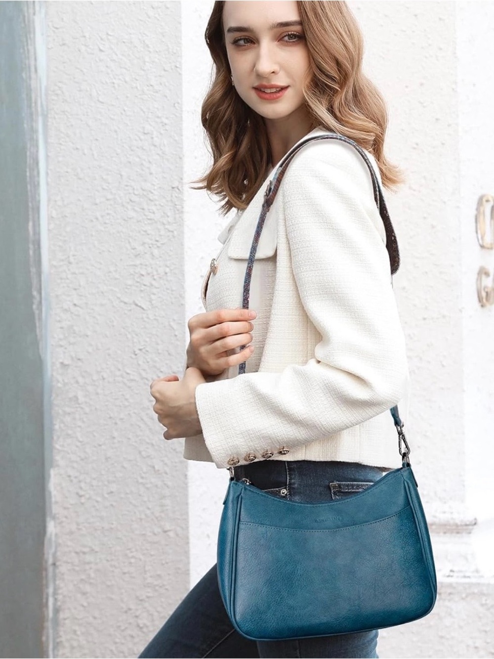 Teal Shoulder Bag with Detachable Patterned Strap - Picture 3 of 5